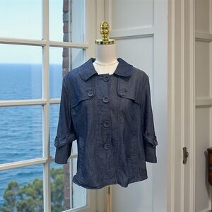 Sandro Sportswear Blue/Gray Denim Cotton Blend Blazer Bell 3/4 Sleeve Sz XL